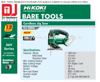 HIKOKI BRUSHLESS CORDLESS BARE TOOLS JIG SAW CJ36 DA (HI)