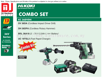 HIKOKI BRUSHLESS CORDLESS COMBO SET IMPACT DRIVER DRILL ROTARY HAMMER 2.5AH LI-ION BATTERY FAST RAPID CHARGER KC36 DVDH (HI)