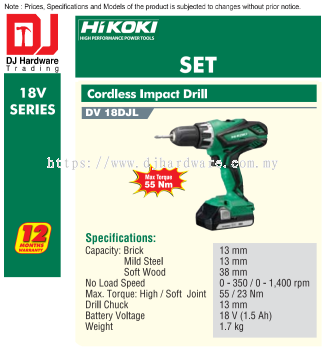 HIKOKI 18V SERIES BRUSHLESS CORDLESS IMPACT DRILL SET DV18 DJL (HI)