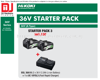 HIKOKI 36V STARTER PACK 3 A TYPE  BSL36 A18 2.5AH LI-ION BATTERY UC 18YSL3 FAST RAPID CHARGER (HI)