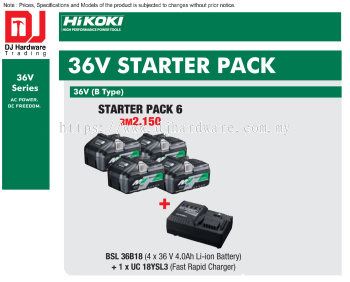 HIKOKI 36V STARTER PACK 6 B TYPE  BSL36 B18 4.0AH LI-ION BATTERY UC 18YSL3 FAST RAPID CHARGER (HI)