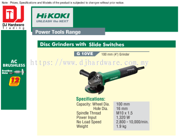 HIKOKI AC BRUSHLESS MOTOR DISC GRINDERS WH SLIDE SWITCHES 100MM G10 VE (HI)