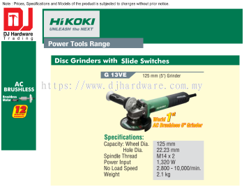 HIKOKI AC BRUSHLESS MOTOR DISC GRINDERS WH SLIDE SWITCHES 125MM G13 VE (HI)