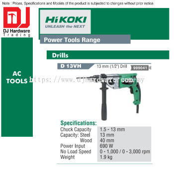 HIKOKI POWER TOOLS RANGE AC TOOLS DRILLS 13MM D13 VH 999041 (HI)