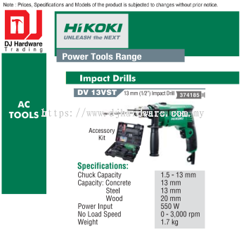 HIKOKI POWER TOOLS RANGE AC TOOLS IMPACT DRILLS 13MM DV13 VST 374185 (HI)