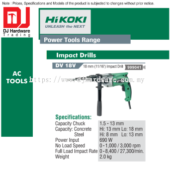 HIKOKI POWER TOOLS RANGE AC TOOLS IMPACT DRILLS 18MM DV18 V 999041 (HI)