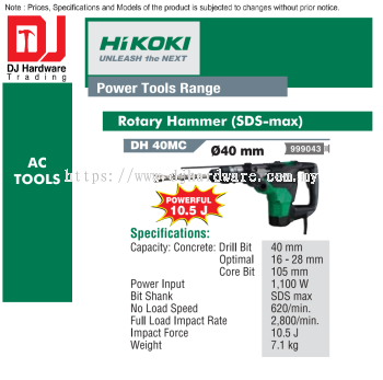 HIKOKI POWER TOOLS RANGE AC TOOLS ROTARY HAMMER SDS PLUS 40MM 10.5J DH40 MC 999043 (HI)