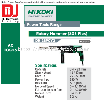 HIKOKI POWER TOOLS RANGE AC TOOLS ROTARY HAMMER SDS PLUS DH28 PCY2 999041 (HI)