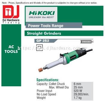 HIKOKI POWER TOOLS RANGE AC TOOLS STRAIGHT GRINDERS GP2 S2 999088 (HI)