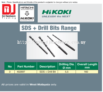 HIKOKI UNLEASH THE NEXT SDS + DRILL BITS RANGE DRILLING DIA 5.5MM LENGTH 160MM 402697 (HI)