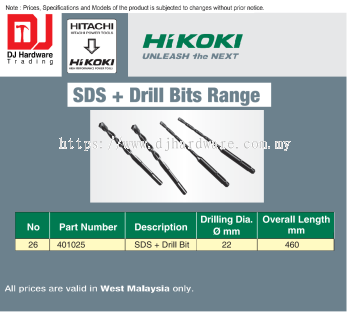 HIKOKI UNLEASH THE NEXT SDS + DRILL BITS RANGE DRILLING DIA 22MM LENGTH 460MM 401025 (HI)