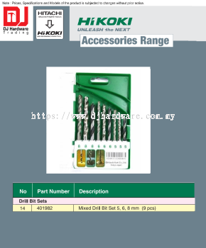 HIKOKI UNLEASH THE NEXT ACCESSORIES RANGE DRILL BIT SETS MIXED DRILL BIT SET 5MM 6MM 8MM 9PCS 401982 (HI)