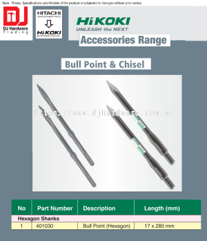 HIKOKI UNLEASH THE NEXT ACCESSORIES RANGE HEXAGON SHANKS BULL POINT HEXAGON 17 X 280MM 401030 (HI)