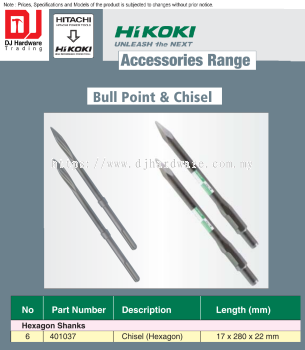 HIKOKI UNLEASH THE NEXT ACCESSORIES RANGE HEXAGON SHANKS CHISEL HEXAGON 17 X 280 X 22MM 401037 (HI)