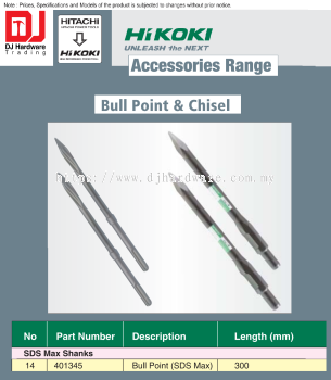 HIKOKI UNLEASH THE NEXT ACCESSORIES RANGE SDS MAX SHANKS BULL POINT SDS MAX  300MM 401345 (HI)