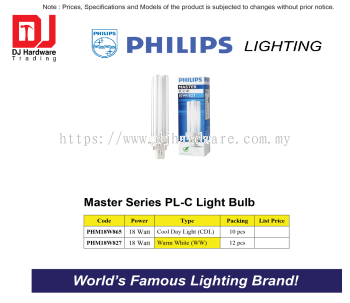 PHILIPS LIGHTING MASTER SERIES PL C LIGHT BULB COOL DAY LIGHT CDL 18W PHM18W865 (CL)