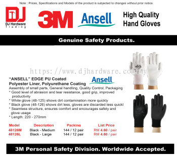 3M ANSELL HIGH QUALITY HAND GLOVES GENUINE 3M ANSELL EDGE PU COATED POLYESTER LINER POLYURETHANE COATING BLACK LARGE 48126L (CL)