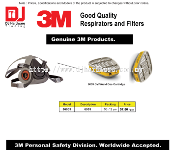 3M GOOD QUALITY RESPIRATORS & FILTERS GENUINE 3M 6003 OVP ACID GAS CARTRIDGE 6003 36003 (CL)