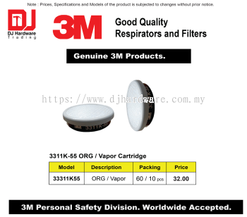 3M GOOD QUALITY RESPIRATORS & FILTERS GENUINE 3M VAPOR CARTRIDGE ORG VAPOR 33311K55 (CL)