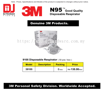 3M N95 GOOD QUALITY DISPOSABLE RESPIRATOR GENUINE 3M 9105 DISPOSABLE RESPIRATOR 39105 (CL)