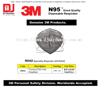 3M N95 GOOD QUALITY DISPOSABLE RESPIRATOR GENUINE 3M SPECIALITY RESPIRATOR OV RELIEF VERTICAL FLAT FOLD HEADBAD 39042 (CL)