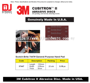 3M GENUINE CUBITRON II ABRASIVE DISCS SCOTCH BRITE 7447 GENERAL PURPOSE HAND PAD 152MM X 229MM 9MM 37447 (CL)