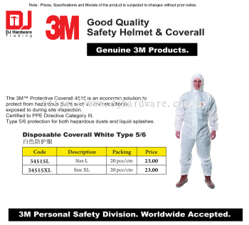3M GENUINE GOOD QUALITY SAFETY HELMET & COVERALL DISPOSABLE COVERALL WHITE TYPE PPE XL SIZE 34515XL (CL)