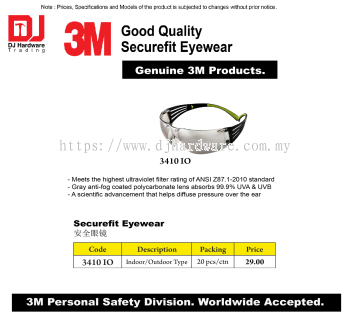 3M GENUINE GOOD QUALITY SECUREFIT EYEWEAR INDOOR OUT DOOR TYPE 3410 IO (CL)