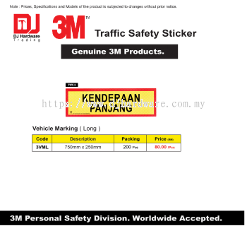 3M GENUINE TRAFFIC SAFETY STICKER VEHICLE MARKING LONG 750MM X 250MM 3VML (CL)