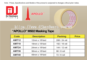 APOLLO M502 MASKING TAPE 18MM 18YARD AMT18 (CL)