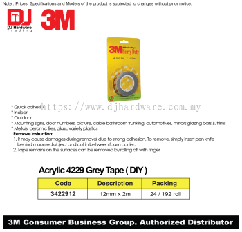 3M ACRYLIC 4229 GREY TAPE 12MM X 2M 3422912 (CL)