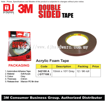 3M DOUBLE SIDED TAPE ACRYLIC FOAM TAPE 10MM X 10Y GREY 342108A GT7108 (CL)