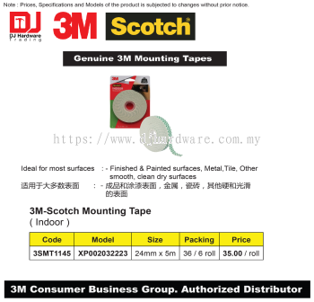 3M GENUINE MOUNTING TAPES SCOTCH INDOOR 24MM X 5M XP002032223 3SMT1145 (CL)