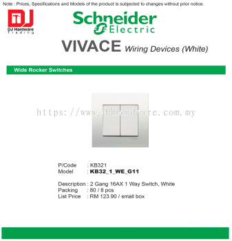 SCHNEIDER ELECTRIC VIVACE WIRING DEVICES WHITE WIDE ROCKER SWITCHES KB321 2 GANG 16AX 1 WAY SWITCH KB32-1-WE-G11 (CL)