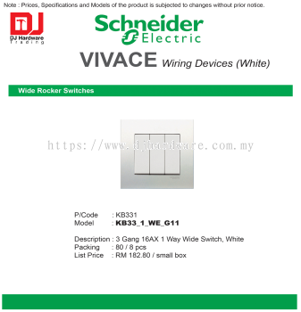 SCHNEIDER ELECTRIC VIVACE WIRING DEVICES WHITE WIDE ROCKER SWITCHES KB331 3 GANG 16AX 1 WAY WIDE SWITCH KB33-1-WE-G11 (CL)