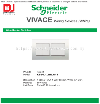 SCHNEIDER ELECTRIC VIVACE WIRING DEVICES WHITE WIDE ROCKER SWITCHES KB341 4 GANG 16AX 1 WAY SWITCH KB34-1-WE-G11 (CL)