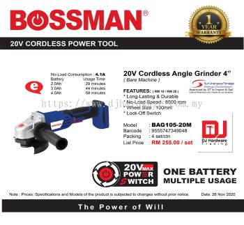 BOSSMAN 20V CORDLESS POWER TOOL ANGLE GRINDER 4 BAG105 20M 9555747349048 (CL)