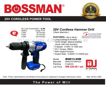 BOSSMAN 20V CORDLESS POWER TOOL HAMMER DRILL BHD13 20M 9555747349123 (CL)