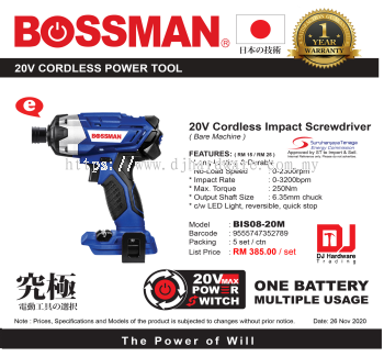 BOSSMAN 20V CORDLESS POWER TOOL IMPACT SCREWDRIVER BIS08 20M 9555747352789 (CL)