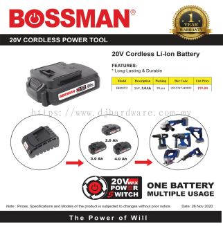 BOSSMAN 20V CORDLESS POWER TOOL LI-ION BATTERY BB20V2 9555747349055 (CL)