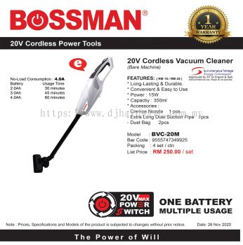 BOSSMAN 20V CORDLESS POWER TOOL VACUUM CLEANER BVC 20M 9555747349925 (CL)