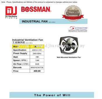 BOSSMAN INDUSTRIAL FAN INDUSTRIAL VENTILATION FAN BEF16 400MM 9555747347730 (CL)