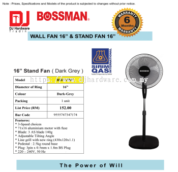 BOSSMAN STAND FAN 16'' DARK GREY BSF161DG 9555747347174 (CL)