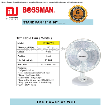 BOSSMAN STAND FAN 16'' WHITE BTF161WE 9555747347198 (CL)