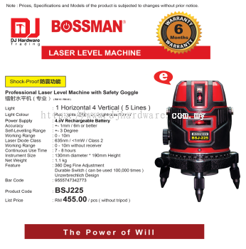 BOSSMAN LASER LEVEL MACHINE PROFESSIONAL LASER LEVEL MACHINE WITH SAFETY GOGGLE 5LINES BSJ225 9555747342773 (CL)