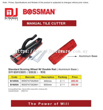 BOSSMAN MANUAL TILE CUTTER STANDARD SCORING WHEEL W DOUBLE RAIL ALUMINIUM BASE 400MM B1400A 9555747342834 (CL)