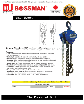 BOSSMAN CHAIN BLOCK HSR SERIES PREMIUM BLACK LOAD CHAIN G80 6 X 18MM BHC6 (CL)