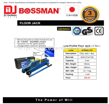 BOSSMAN FLOOR JACK LOW PROFILE FLOOR JACK 2TON 85MM BTA82001A 9555747347785 (CL)