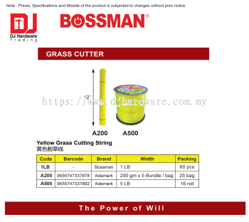 BOSSMAN GRASS CUTTER YELLOW GRASS CUTTING STRING ADAMARK BRAND 200GM A200 9555747337878 (CL)