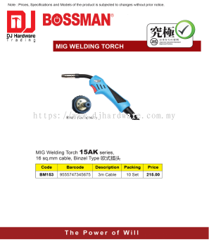 BOSSMAN MIG WELDING TORCH 15AK SERIES 16SQ MM CABLE BINZEL TYPE 3M CABLE BM153 9555747345675 (CL)